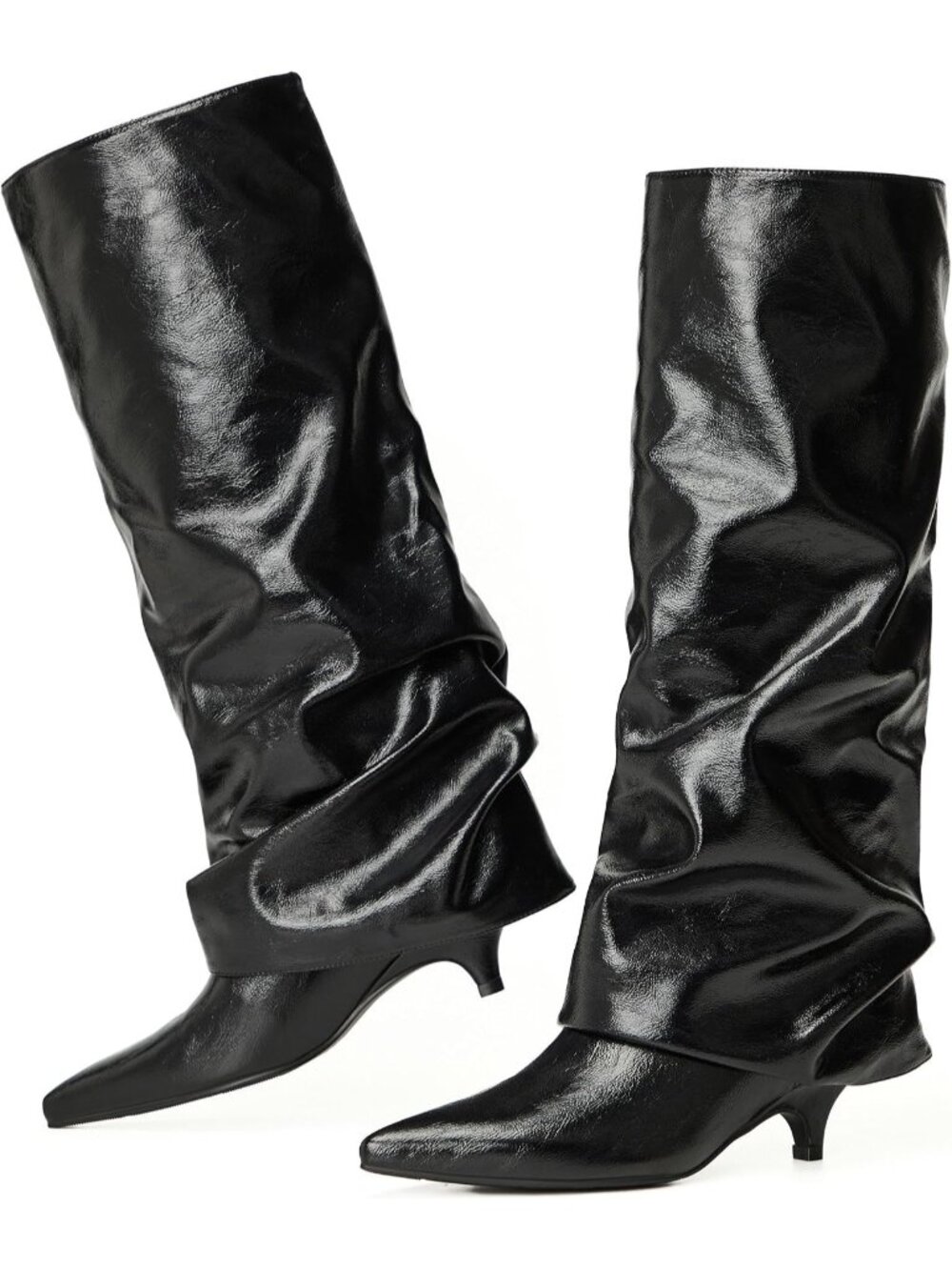 Women Black Leather Pointed-Toe Fold Over Wide Calf Low Kitten Knee-High Boot
